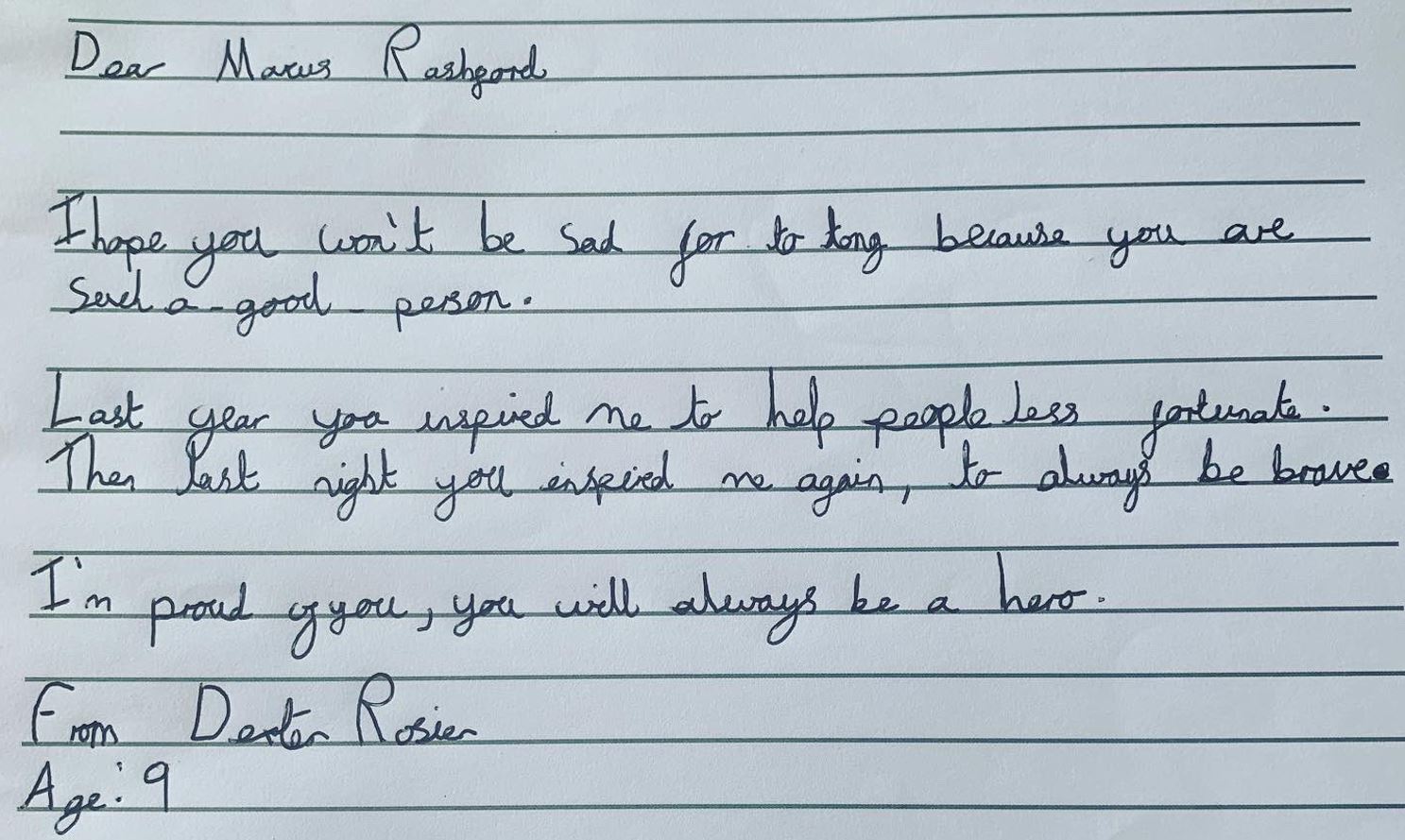 Letter to Marcus Rashford from Dexter Rosier - enlarge